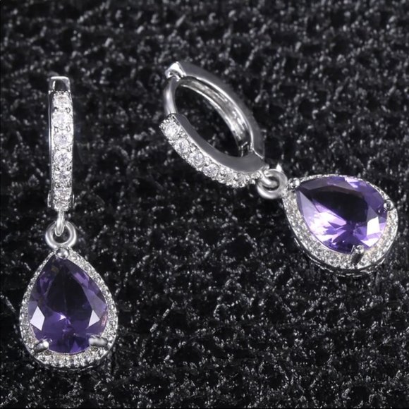New 925 Silver Water Drop Royal Purple Earrings - Picture 4 of 5